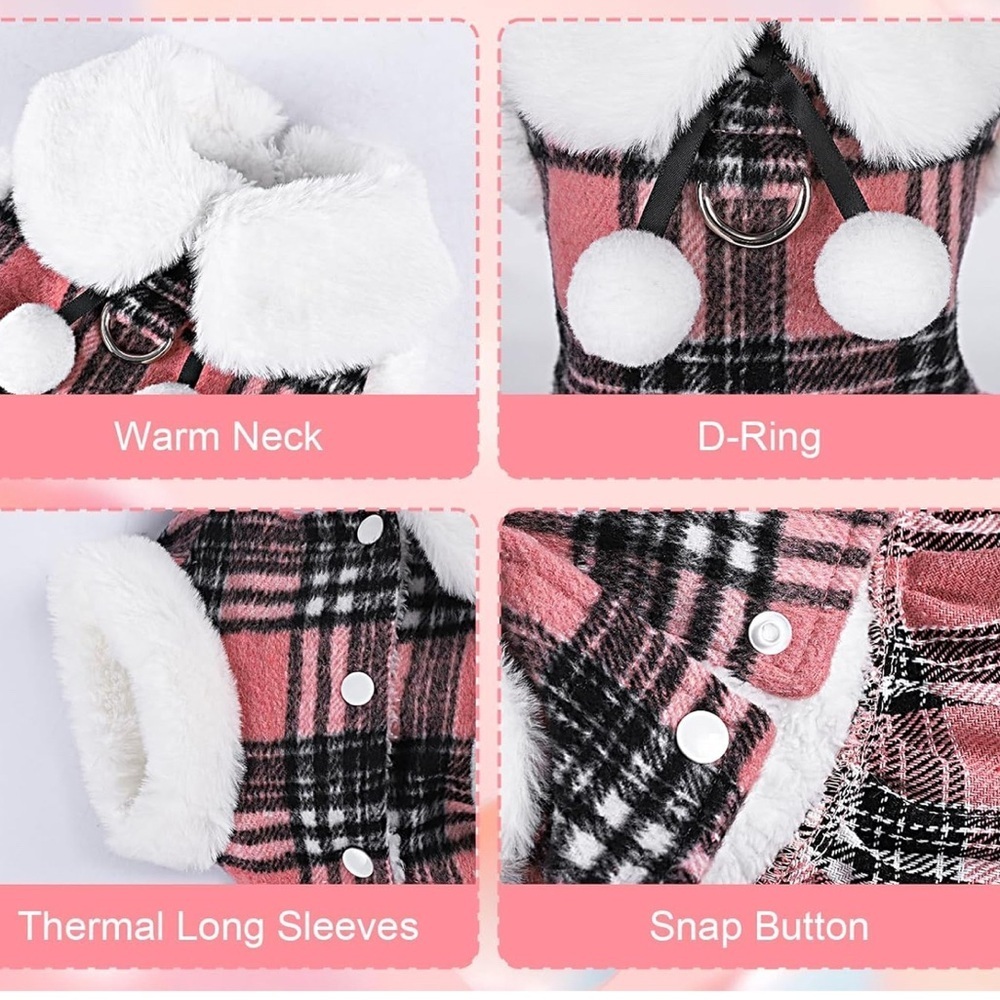 Plaid fleece dog sweater with matching Leash - Pink and White - Picture 3 of 4